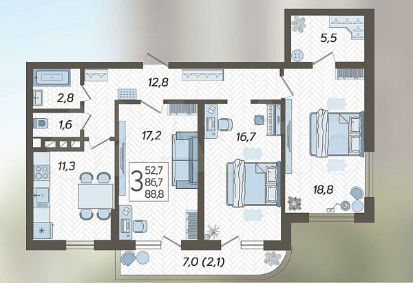 3-комн квартира, 89 м², р-н Гидростроителей (№124588)