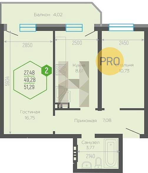 Продается 2-комн. квартира, 49.97 м², ЖК Гарантия на Черкасской, 