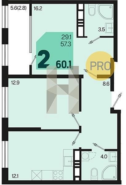 Продается 2-комн. квартира, 60.1 м², ЖК Первое Место, 