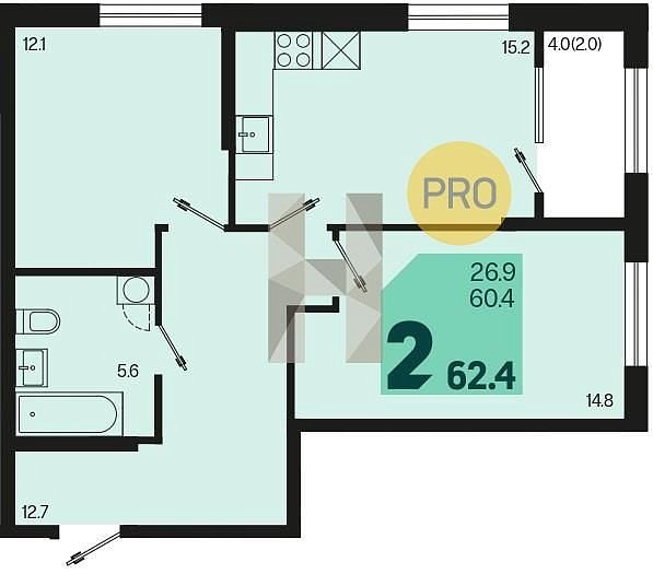 Продается 2-комн. квартира, 62.4 м², ЖК Первое Место, 