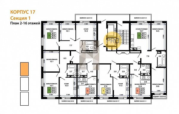 2-комн. квартира, 63.68 м², ЖК Дыхание (№132053)
