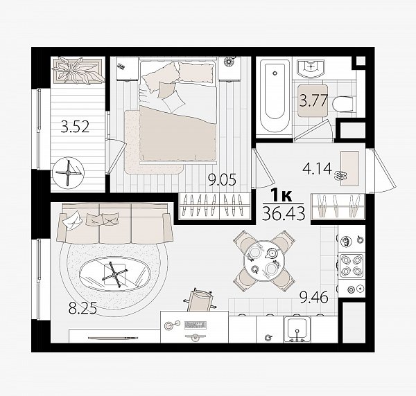1-комн. квартира, 36.43 м², ЖК Патрики (№132688)