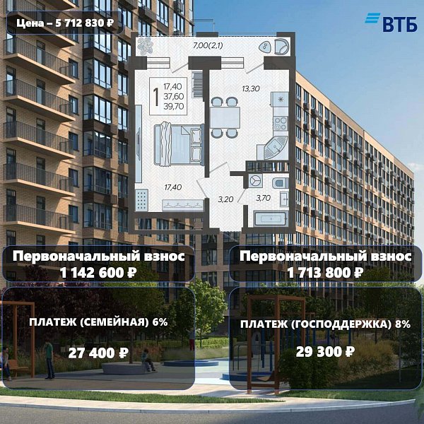 1-комн. квартира, 39.7 м², ЖК Небо (№133481)