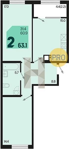 Продается 2-комн. квартира, 63.1 м², ЖК Первое Место, 