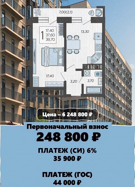 1-комн. квартира, 39.7 м², ЖК Небо (№133481)