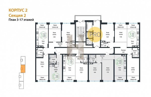 2-комн. квартира, 64.6 м², ЖК Гарантия на Обрывной (№132539)