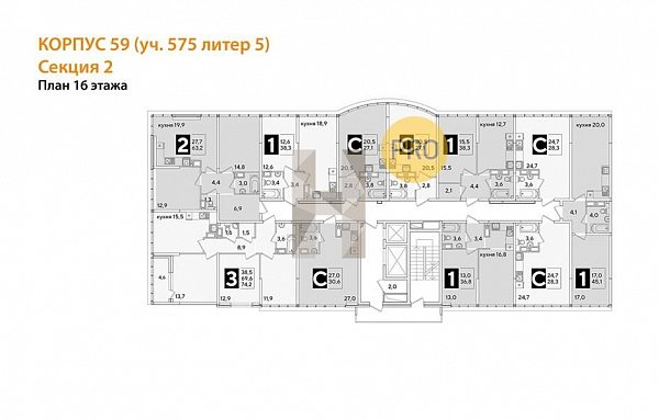 1-комн. квартира, 45.1 м², ЖК Самолет-6 (№132427)
