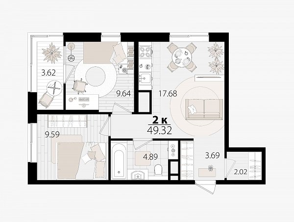 2-комн. квартира, 49.32 м², ЖК Патрики (№132689)