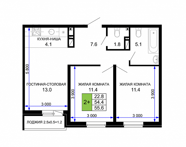 Продается 2-комн. квартира, 55.6 м², ЖК Дыхание, 